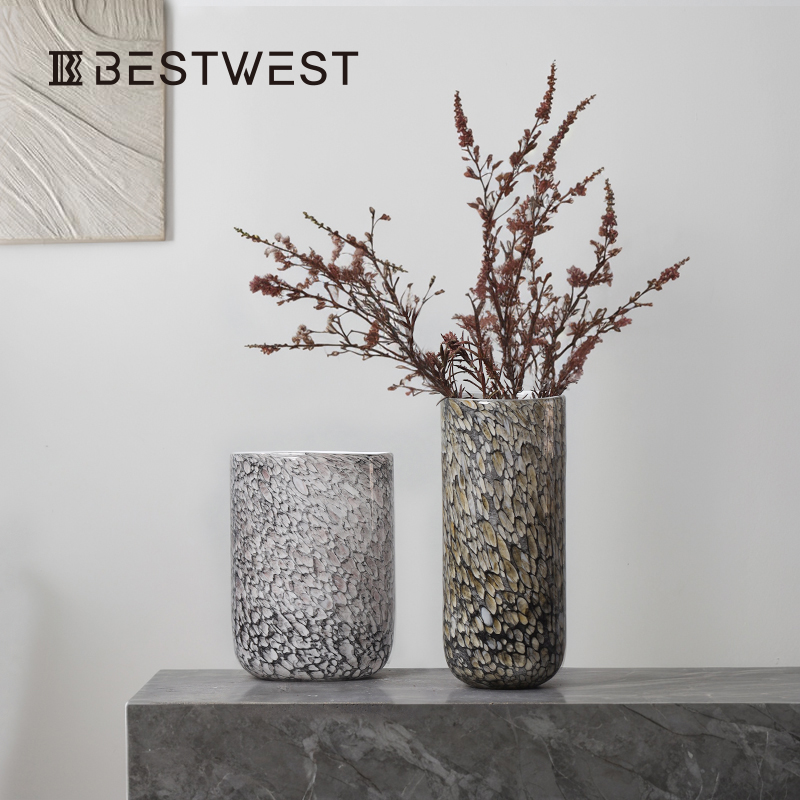 轻奢大理石纹玻璃花瓶客厅水养鲜花插花瓶大口径水培玻璃瓶高级感