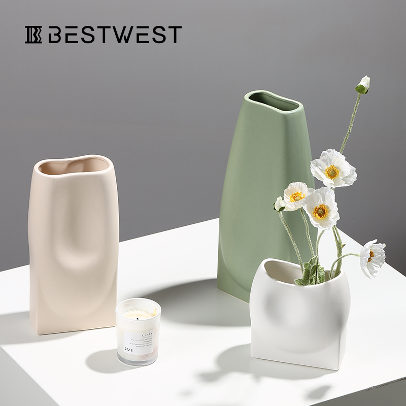 BEST WEST 陶瓷花瓶摆件设计师客厅桌面干花插花瓶装饰品摆设创意