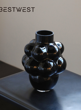 黑色花瓶摆件法式玻璃轻奢高级感插花水培复古鲜花高颜值餐桌艺术