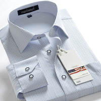 Dad's new Spring and Autumn style long-sleeved sapphire blue striped men's shirt with fat and size thumbnail 6