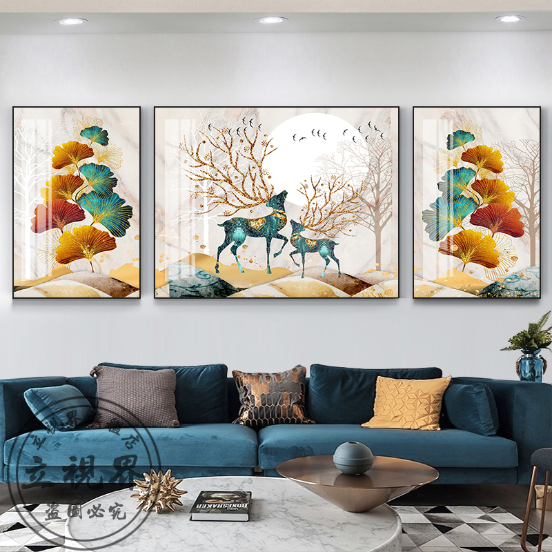 镶钻福鹿客厅装饰画轻奢沙发背景墙晶瓷画壁画办公室大气三联挂画图片