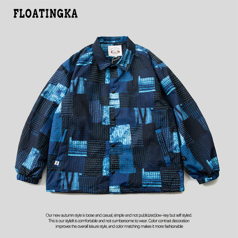 floatingka浮佧尼日式工装仿靛蓝松落肩版型外套男女情侣个性休闲