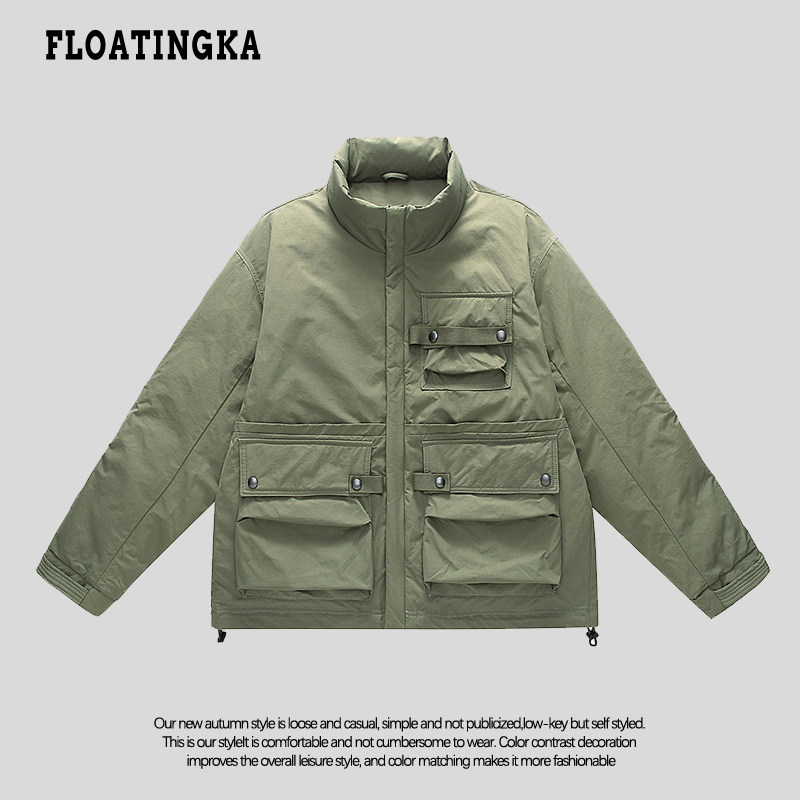 FLOATINGKA JAPANESE RETRO OUTDOOR CARGO DOWN JACKET MENS AND WOMENS WINTER WARM WHITE DUCK DOWN JACKET