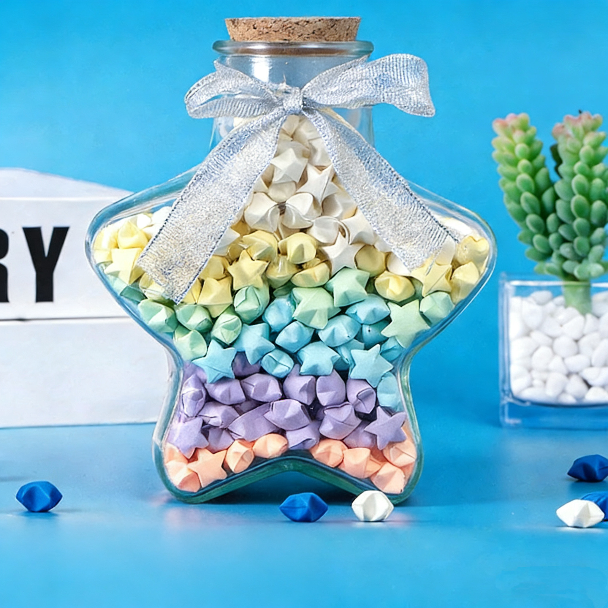 渐变色星星折纸玻璃瓶幸运星编五角星纸手工许愿瓶子罐子520礼物