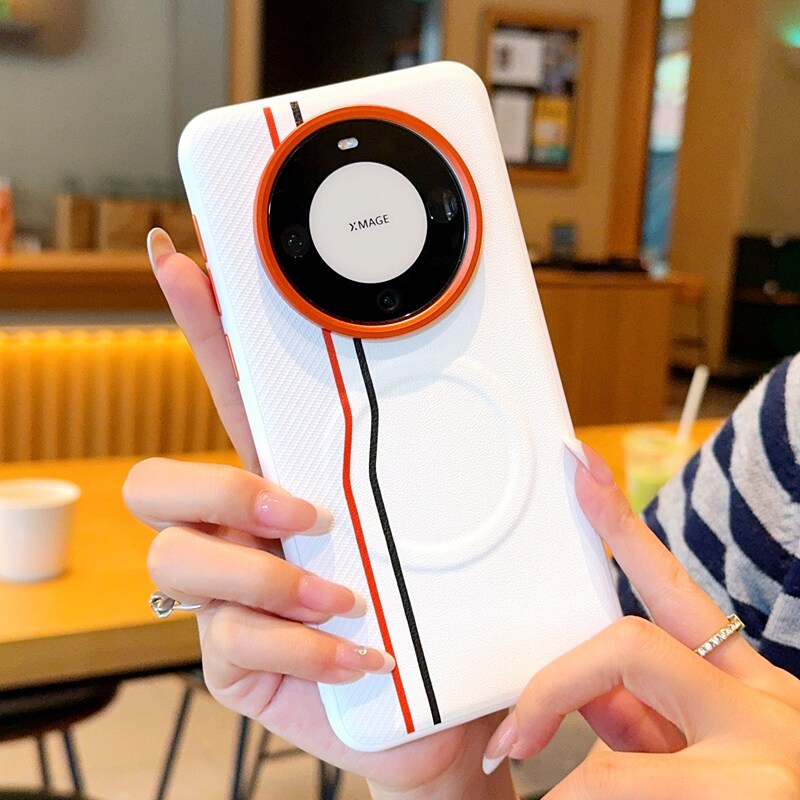 适用于华为Mate70Pro+手机壳橙色金属镜头磁吸双线华为mate60pro素皮防摔Mate60按键全包双色Mate70保护套