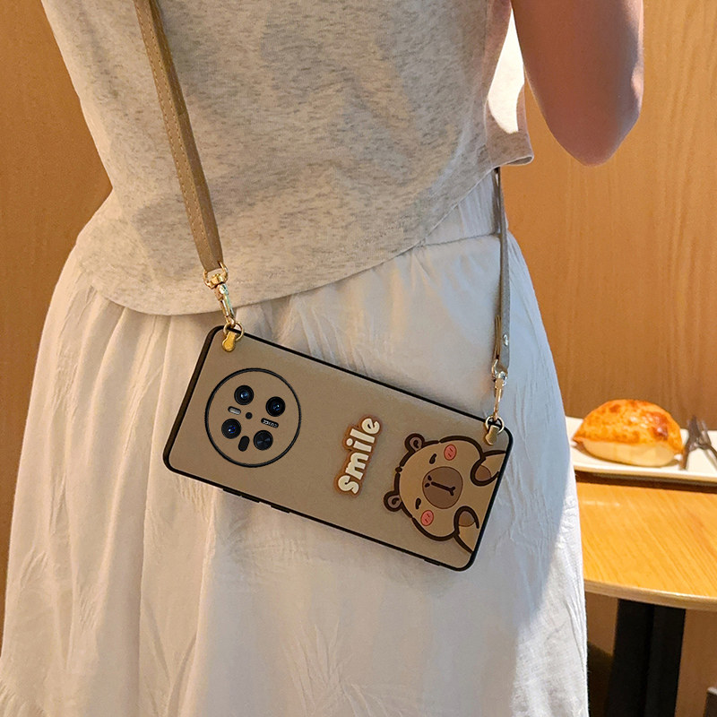 适用于华为Mate70手机壳潮牌可爱水豚mate70pro斜挎可调节背带挂绳华为mate70pro+保护套卡皮巴拉蚕丝纹