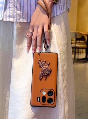 适用于OPPO FindX9Pro手机壳潮牌花纹立体狗狗oppofindx9皮质硬壳棕色编织绳保护套Ofindx9pro高级外壳时尚