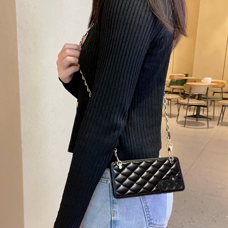 适用于三星S25Ultra手机壳新款高端菱格小香风奢华皮质三星s25斜挎背包链全包式防摔三星s25+懒人必备保护套