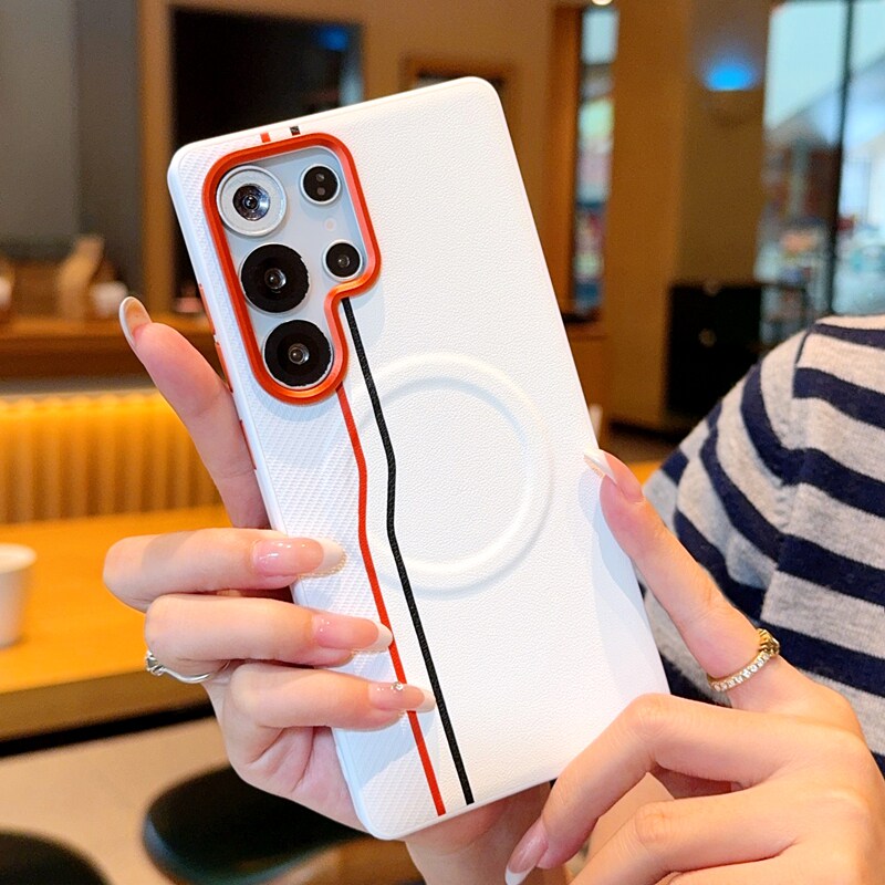 适用于三星S25Ultra手机壳橙色金属镜头三星s24ultra带磁吸立体双线S25+素皮防摔s24+双色拼接S25Edge保护套