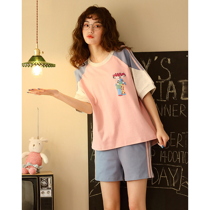 睡衣女夏季薄款纯棉短袖套装洋气可外穿出门休闲家居服夏天两件套