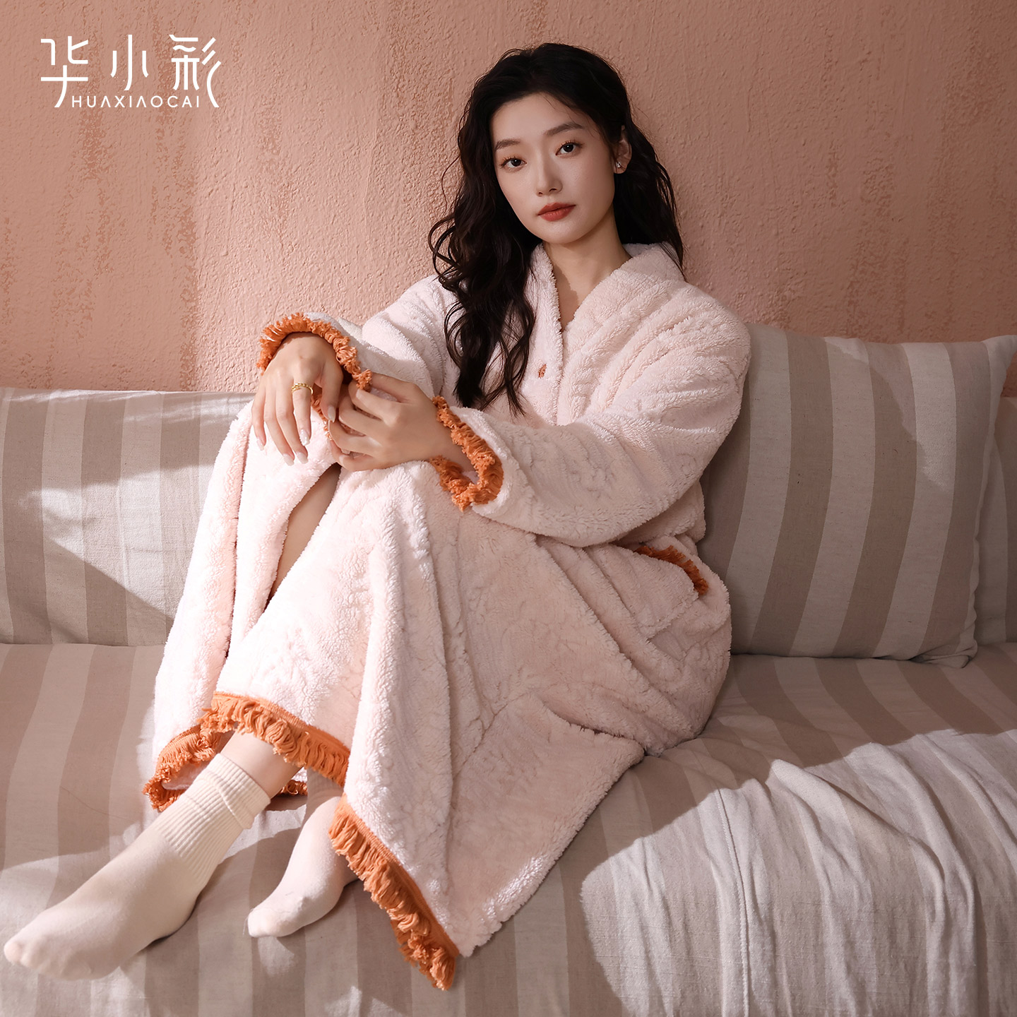 珊瑚绒睡袍女冬加厚粉色长款浴袍