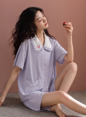 女士睡衣夏季纯棉短袖短裤甜美可爱少女公主风家居服开衫紫色套装