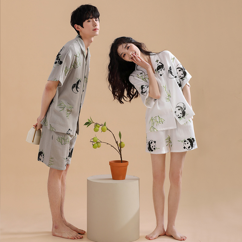 情侣睡衣夏季梭织纯棉短袖薄款家居服棉麻纱布熊猫高级感男女套装