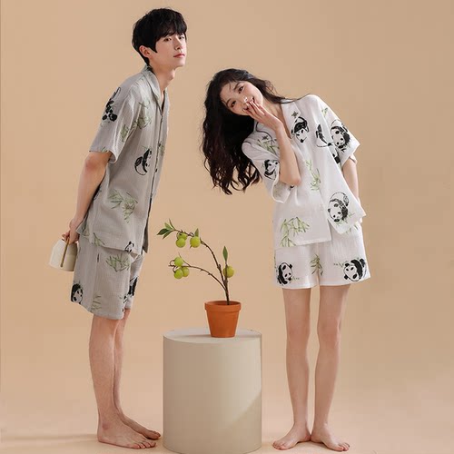 情侣睡衣夏季薄款女纯棉短袖纱布