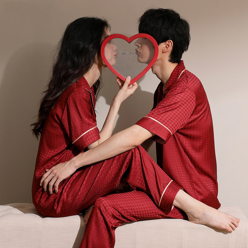 冰丝情侣睡衣女夏季短袖长裤千鸟格本命红色新婚结婚家居服男套装,女士内衣/男士内衣/家居服,睡衣/家居服套装,淘宝优惠券,粉丝福利购,淘宝优惠卷