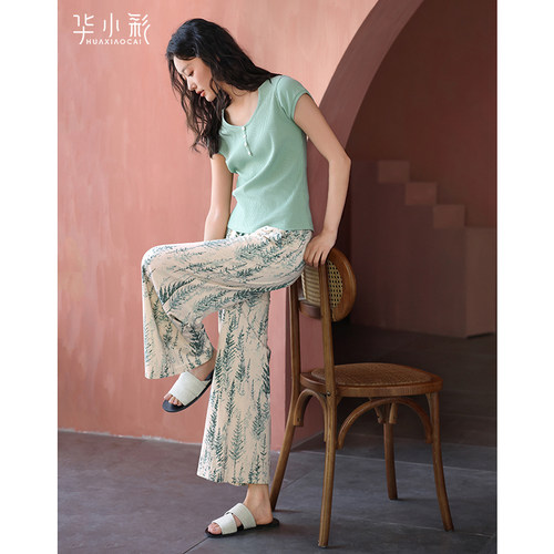 带胸垫睡衣女夏纯棉短袖长裤外穿