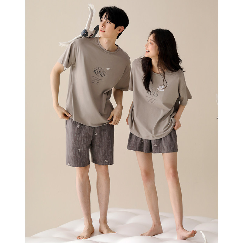 夏季情侣睡衣纯棉短袖短裤女休闲圆领套头家居服可出门夏天男套装