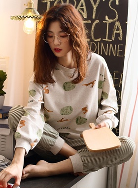 女士睡衣春秋款纯棉长袖可外穿出门休闲家居服春夏季大码全棉套装