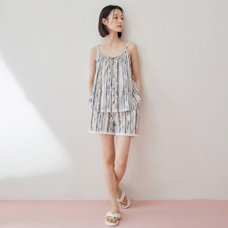 睡衣女夏季纯棉吊带短裤性感两件套夏天时尚个性条纹高级感家居服