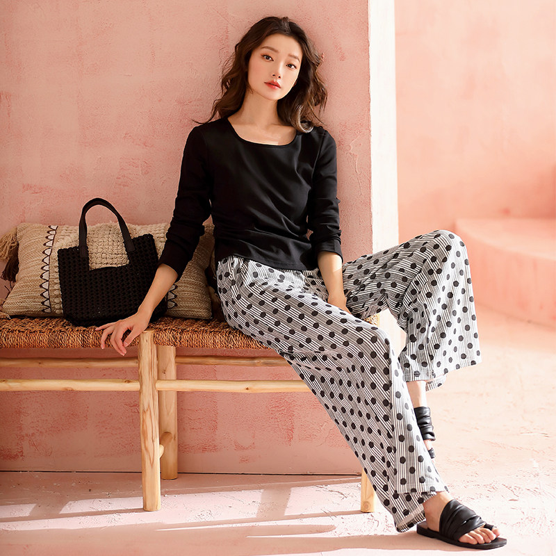 带胸垫睡衣女春秋季纯棉长袖长裤黑色高级感家居服时尚阔腿裤套装