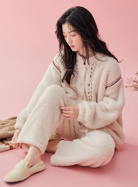 女士睡衣秋冬季珊瑚绒简约高级感中国风加厚法兰绒冬天家居服套装