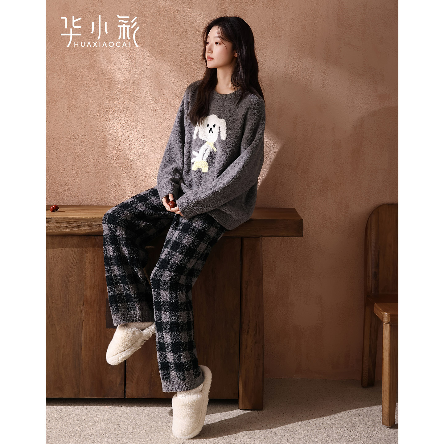 半边绒睡衣女秋冬季可爱卡通毛绒