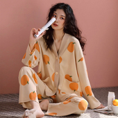 全棉套装 女士睡衣春秋款 无领家居服秋冬宽松大码 月子开衫 纯棉长袖