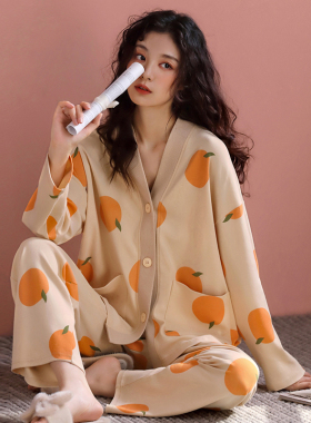 女士睡衣春秋款纯棉长袖月子开衫无领家居服秋冬宽松大码全棉套装