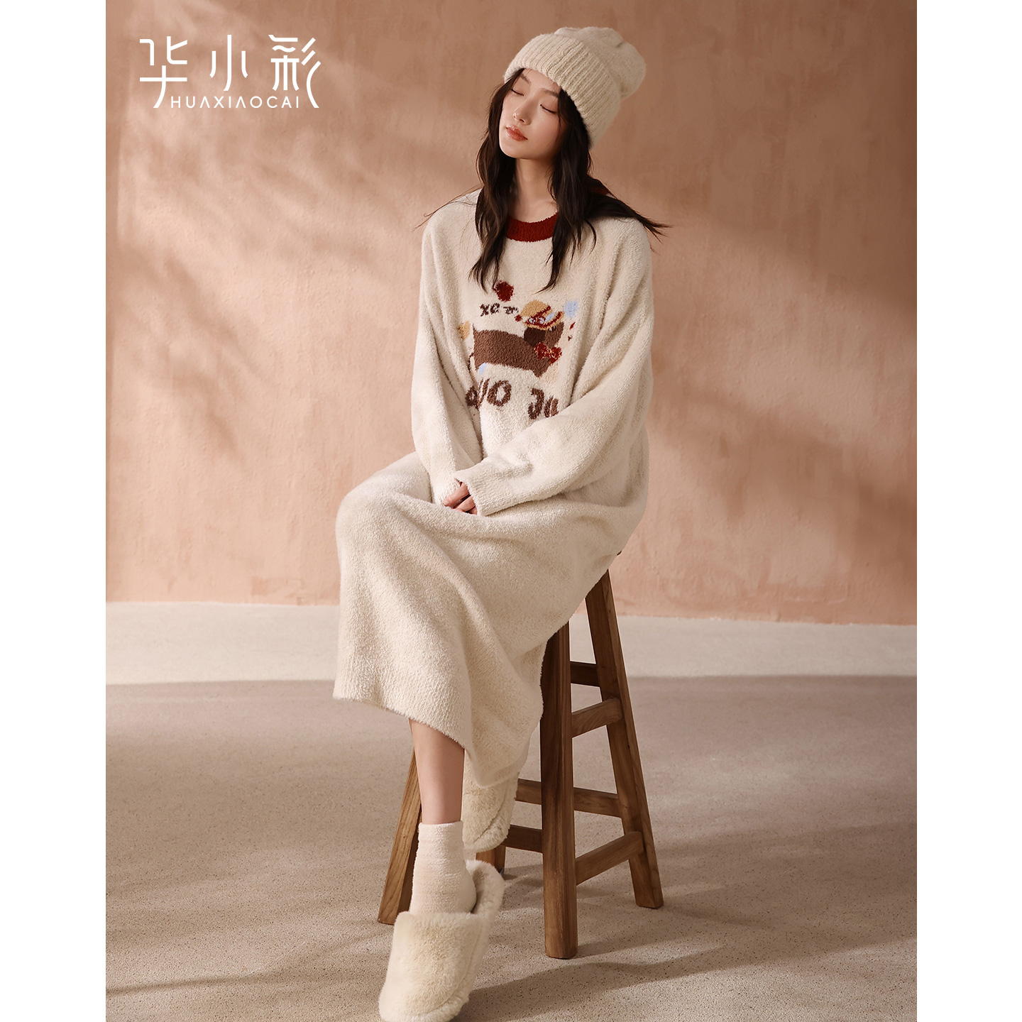 睡裙女款秋冬季长袖半边绒家居服可爱大码长款睡袍冬天珊瑚绒睡衣