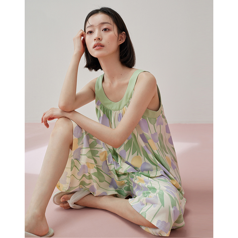 睡衣女款夏季纯棉背心无袖吊带七分裤甜美清新碎花家居服两件套装