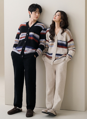 情侣睡衣秋冬季半边绒时尚开衫家居服冬天加厚保暖珊瑚绒大码套装