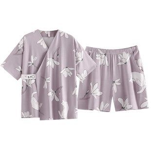 女人睡衣夏季纯棉短袖短裤甜美可爱日系和服开衫家居服夏天款套装