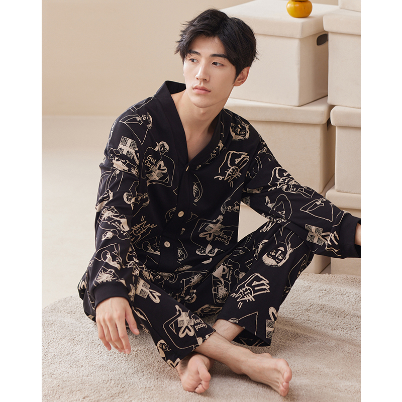 男士睡衣春秋季纯棉长袖时尚黑色