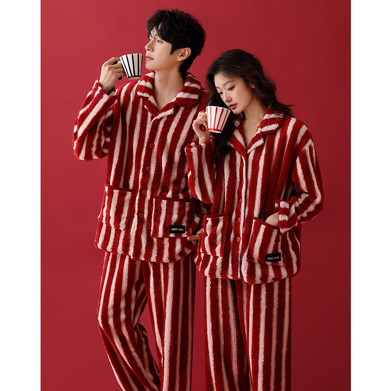 红色结婚新婚情侣睡衣秋冬季珊瑚绒加厚毛绒家居服高级感条纹套装,女士内衣/男士内衣/家居服,睡衣/家居服套装,淘宝优惠券,粉丝福利购,淘宝优惠卷