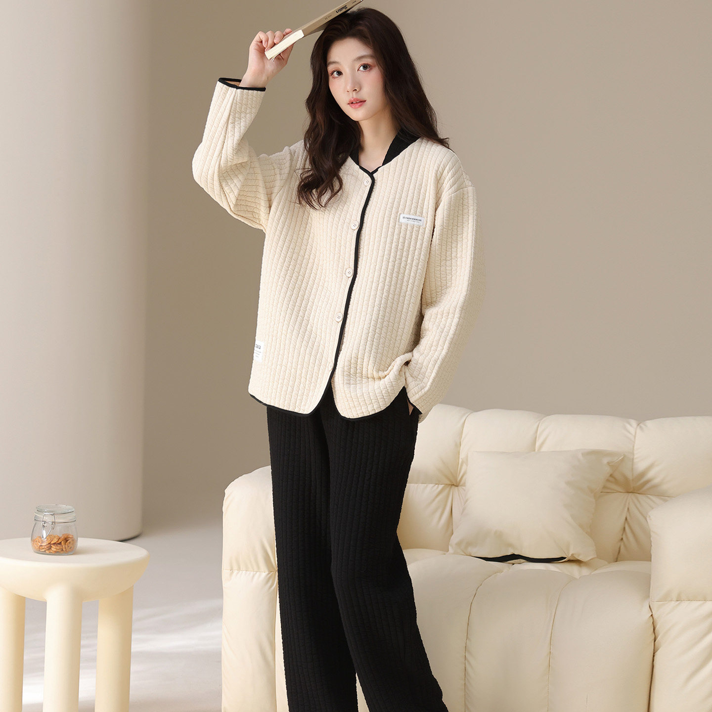 秋冬加厚三层夹棉可外穿家居服套
