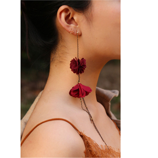 原创设计14k包金纯酒红色流苏复古优雅超长款 手作不对称花朵耳环