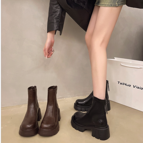 蕊风时尚厚底加绒短筒靴女2024秋冬新款圆头中跟百搭英伦风马丁靴