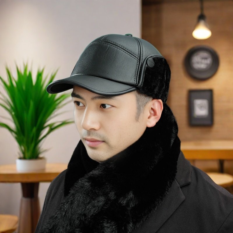 帽子男中老年冬季保暖皮鸭舌帽高档加绒有护耳老人帽加厚防寒皮帽
