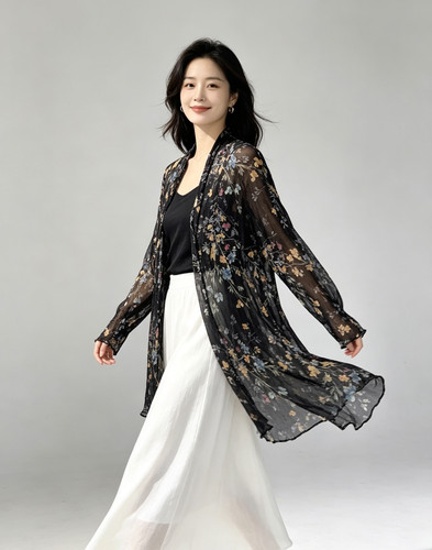 2026夏季真丝顺纡印花开衫外套大码宽松女士桑蚕丝外搭防晒外披