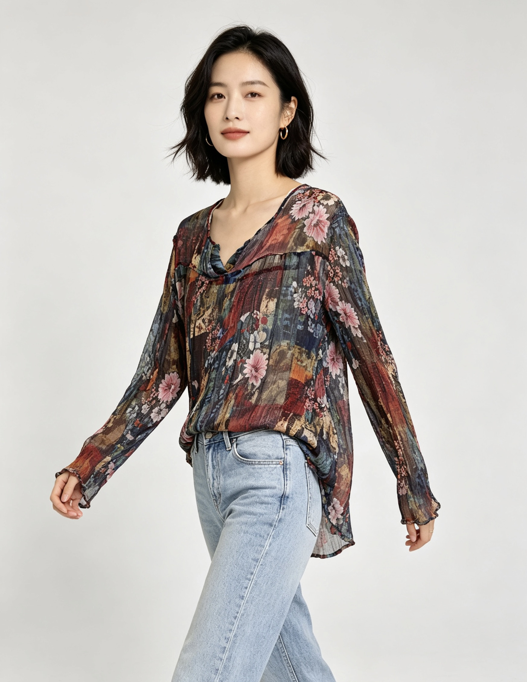 2026新款真丝顺纡皱印花蚕丝上衣100%桑蚕丝V领套头大码女装衬衫