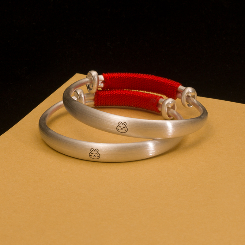 宝宝银手镯婴儿999纯银实心虎兔出生满月百天周岁足银镯子见面礼