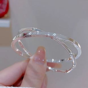 双环四叶草竹节银手镯女9999纯银实心足银闭口镯子2025新款礼物