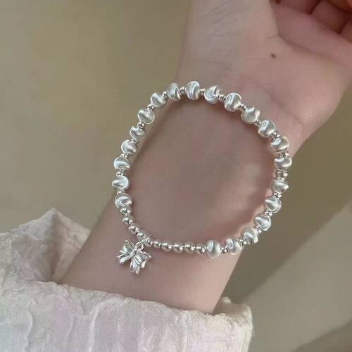 s1919191银色手链女蝴蝶结手串手工圆珠猫眼生日礼物纯色足色手镯