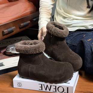 磨砂真皮大头厚底雪地靴女2025冬季 羊毛加绒保暖增高勃肯短靴 新款
