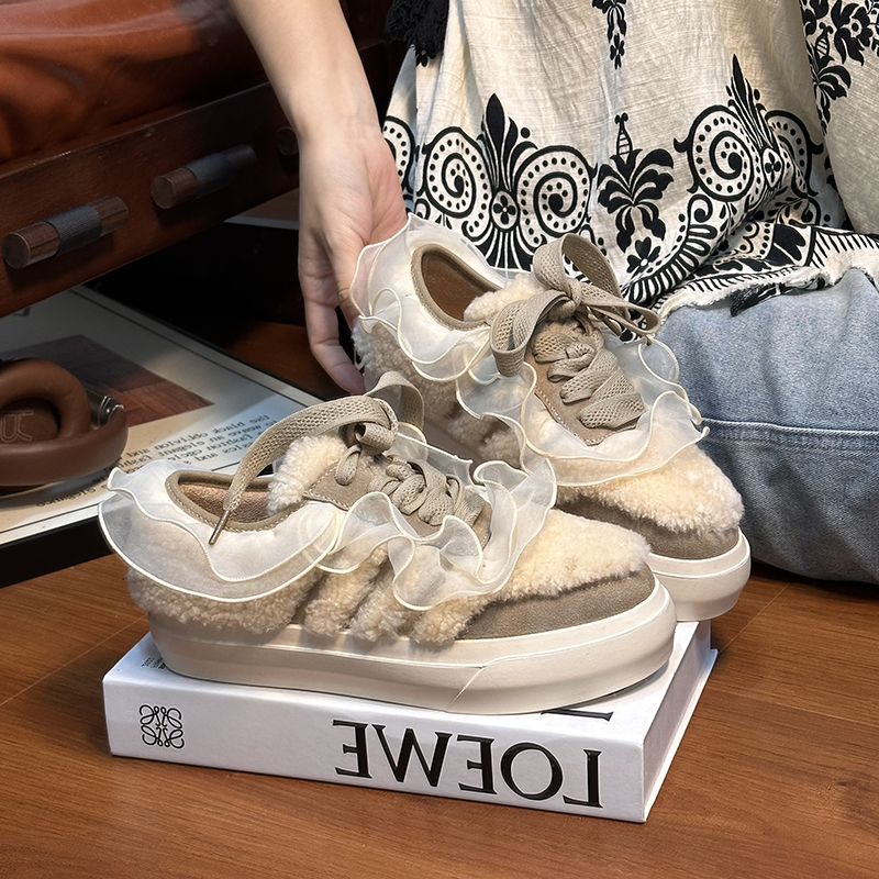 欧货真皮羊羔毛厚底德训鞋女