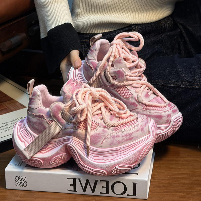 欧货真皮系带松糕厚底老爹鞋女2025新款百搭小个子增高休闲运动鞋,女鞋,老爹鞋,淘宝优惠券,粉丝福利购,淘宝优惠卷