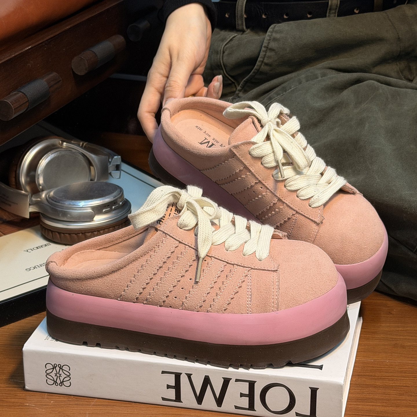 磨砂真牛皮松糕厚底包头半拖鞋女外穿复古真皮百搭小个子增高拖鞋,女鞋,包头拖,淘宝优惠券,粉丝福利购,淘宝优惠卷