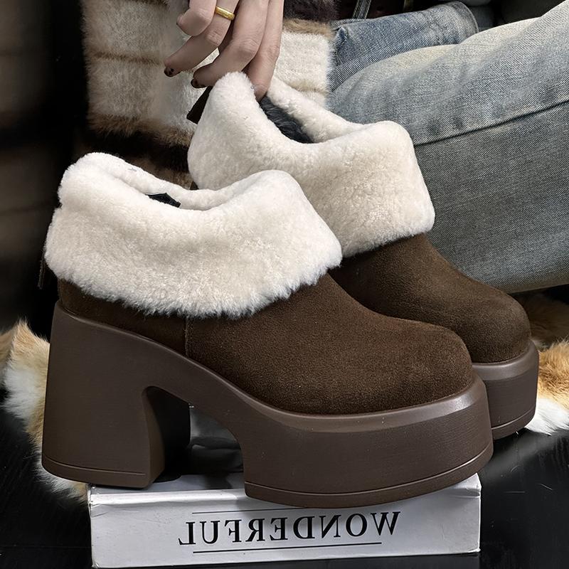 磨砂真皮羊毛加绒厚底增高短靴