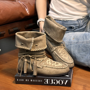 复古真皮流苏中筒骑士靴女2025新款 编织绑带平底高筒西部牛仔靴子