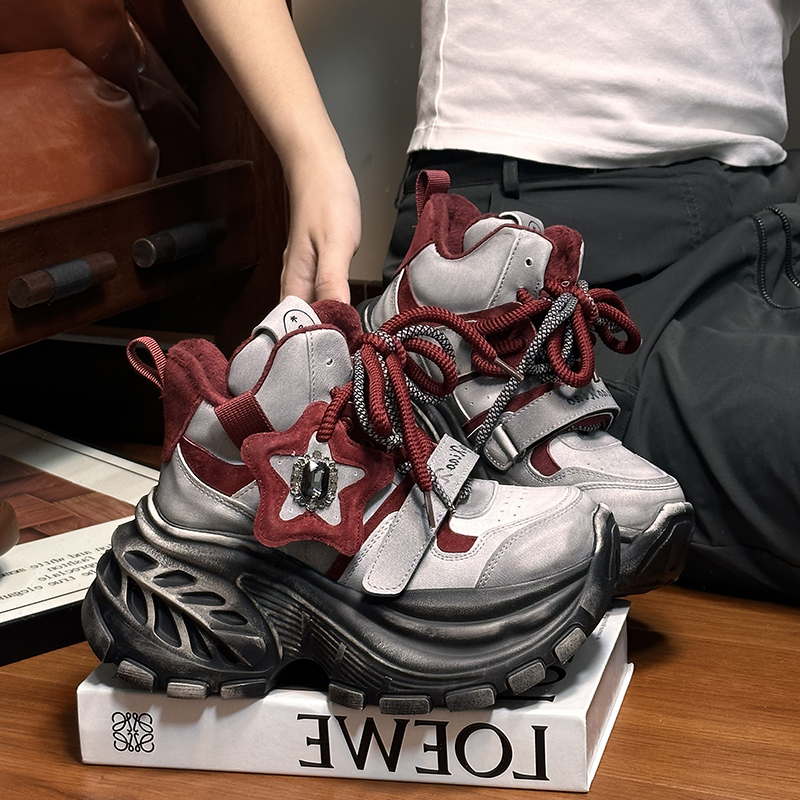 真皮擦色做旧加绒松糕厚底老爹鞋